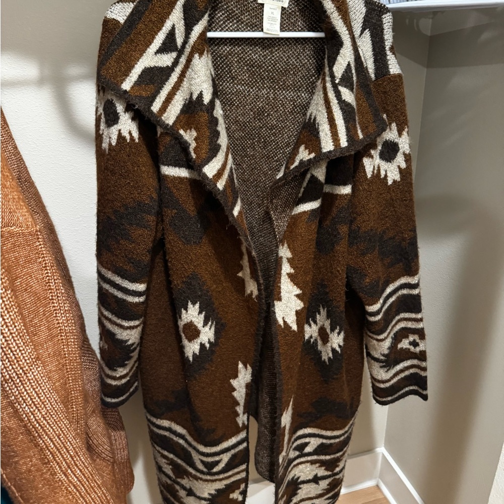 Max Studio Brown Cream Aztec Open-Front Cardigan